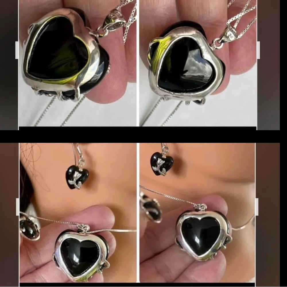 925 (EUC) onyx pierced earrings pendant 20” necklace set signed  vintage jewelry - Picture 14 of 17